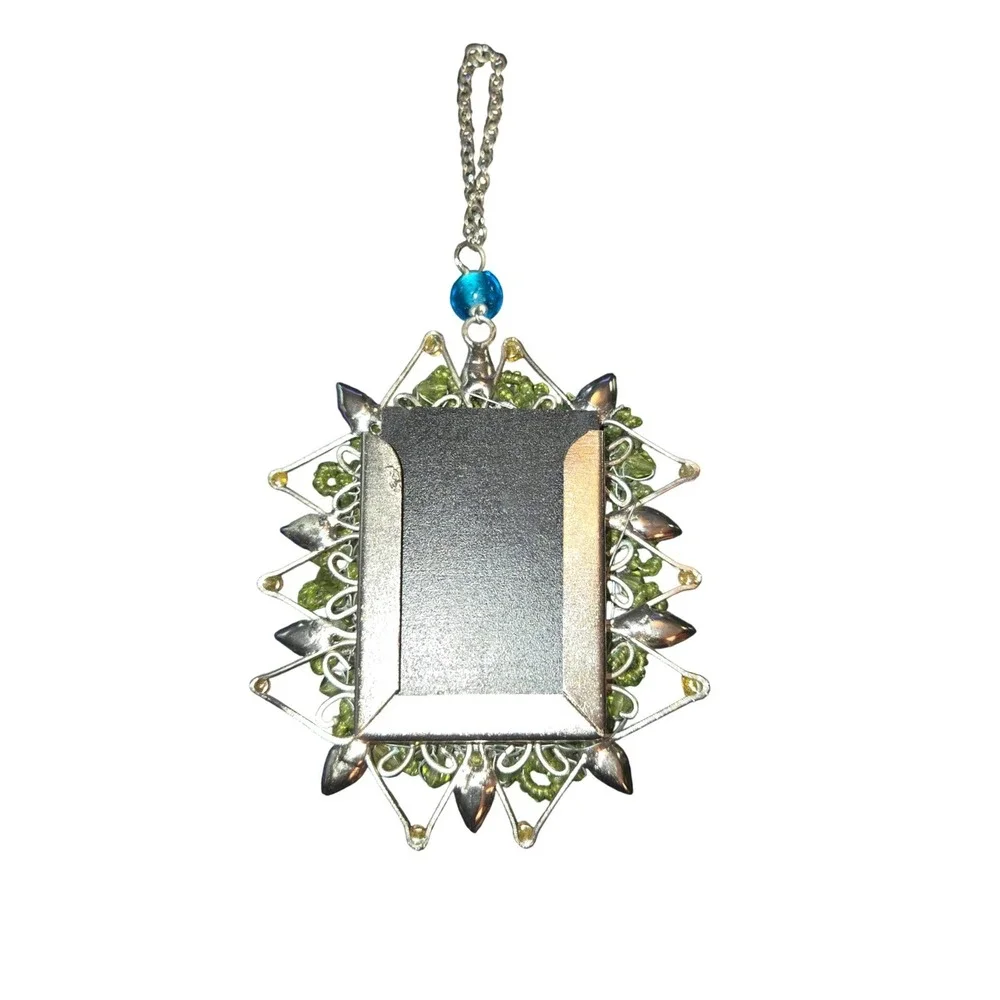 Pier 1 Photo Frame Ornament OS Green‎ Blue Beaded Jeweled Sunburst 6.5
